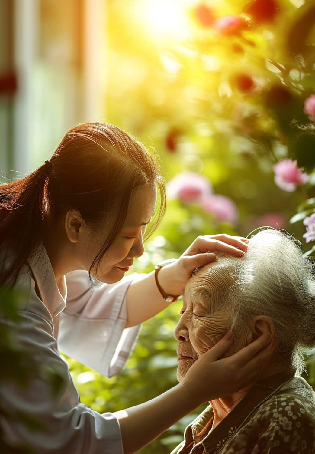 Warm photograph of a caregiver walking with an elderly resident in a sunlit garden